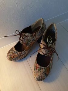 新品■レトロ 花柄 ツイード アンクル ブーツ ブーティ パンプス 靴 Mサイズ