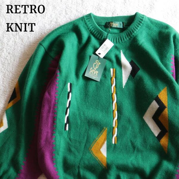 新品 レトロ ニット セーター デザイン 総柄 緑 メンズ M 個性的 ウール
