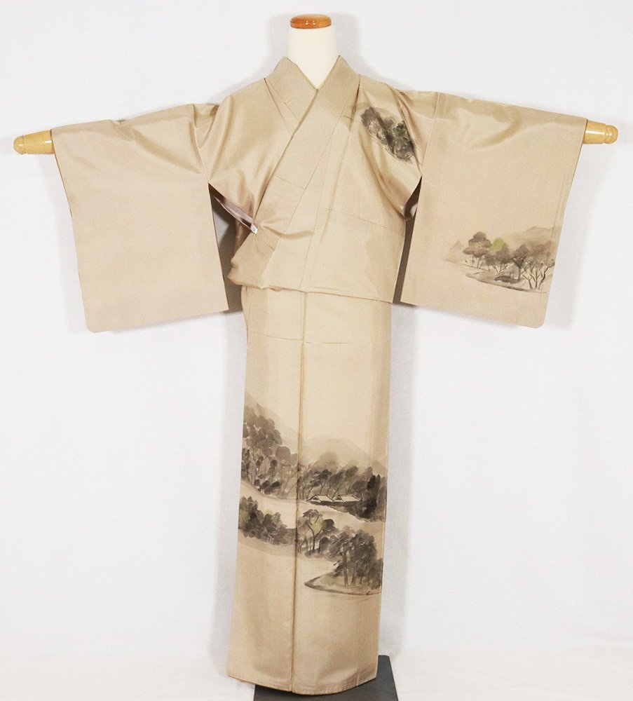 Hakusan Tsumugi Homongi Kimono, Lined, Pure Silk, Beige, Green, Hand-painted Landscape Painting, M Size, ki21537, Excellent Condition, Kimono, Women's, Free Shipping, Reuse, Women's kimono, kimono, Visiting dress, Ready-made