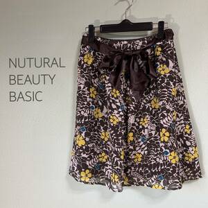 ◎ナチュラルビューティーベーシック NATURAL BEAUTY BASIC フレアスカート ひざ丈スカート レディース Ｓサイズ リボン付き 花柄