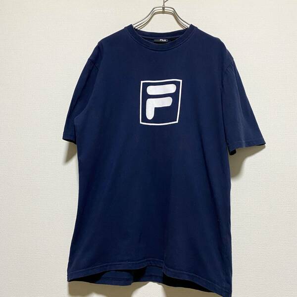 アメリカ古着　FILA　フィラ 半袖Tシャツ　ビッグロゴ　デカロゴ　コットン　ネイビー　濃紺　【F123】