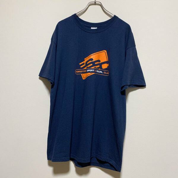 アメリカ古着　半袖Tシャツ　ネイビー　プリント　GILDAN　ギルダン　edmonton sports & social club 【F143】