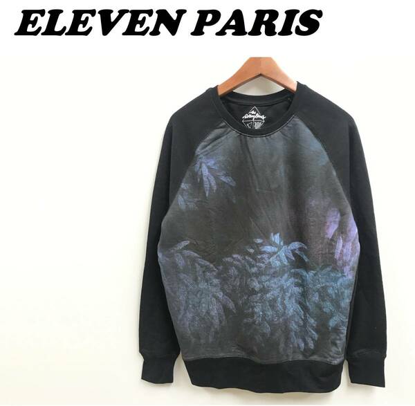 未使用品 /S/ ELEVEN PARIS ブラック スウェット トレーナー メンズレディース カジュアル 植物 アート トップス 15S1LT058 イレブンパリ