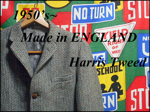 ★人気の３つボタン★Made in ENGLAND製イングランド製Harris Tweedハリスツィードビンテージウールテイラードジャケット50s50年代古タグS~