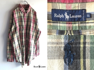 希少 90sビンテージ Ralph Lauren ラルフローレン ポロポニーロゴ刺繍 インドカディ コットン チェックBDシャツ LL(XL) 大きいサイズ