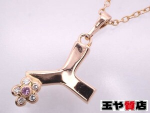 ポンテヴェキオ 美品 サファイヤ0.01ct ダイヤ0.02ct イニシャルY フラワー ペンダント ネックレス 750 K18PG　ピンクゴールド