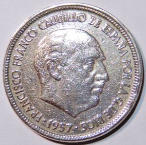 スペイン　ヨーロッパ　外国コイン　★ 5 ペセタ　Pesetas フランシスコ・フランコ総統　通貨　硬貨　メダル １９６４年発行