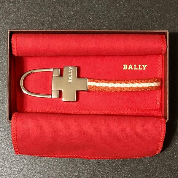 オレンジ × ホワイト ボーダー★BALLY ストラップ付 キーリング★シルバー イタリア製 キーホルダー キーチャーム ストライプ/バリー red