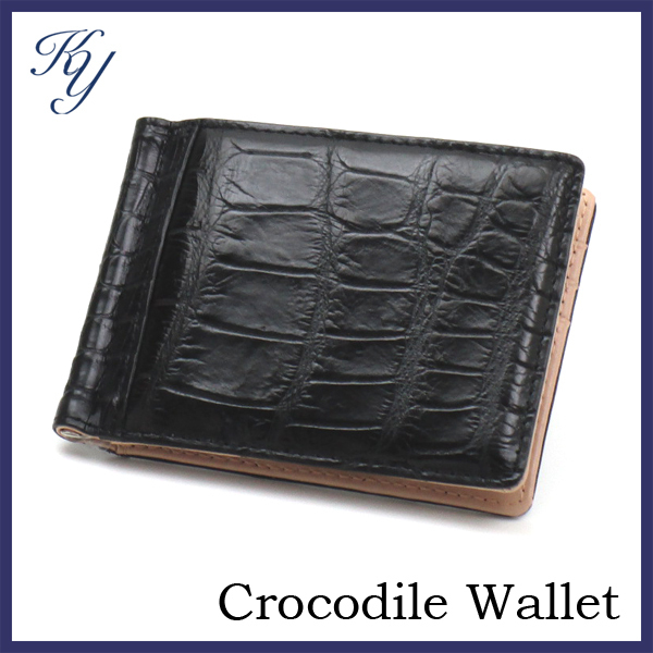 送料無料 新品 即決あり 本クロコダイル革 二つ折 ブラック メンズ 財布 サイ