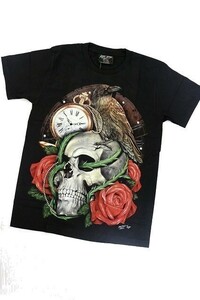 【新品】ドクロ ローズ 3D Tシャツ 半袖【S】黒◆SKULL ROSE 骸骨 ロック ヘビメタ ストリート ヒップホップ ダンス DJ 男性 女性