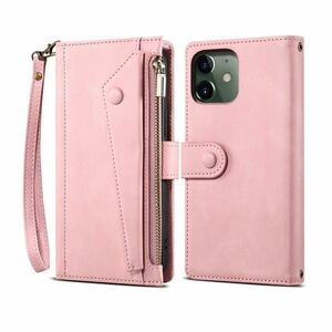 iPhone 12 mini leather case iPhone12 mini shoulder case iPhone 12 Mini cover notebook type card storage with strap . pink 