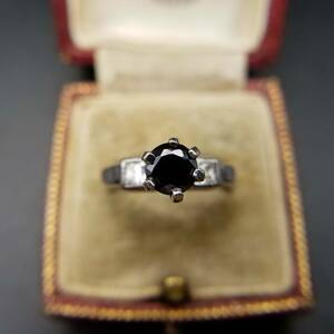  black Stone 1 bead rhinestone 925 silver American a-ru deco Vintage ring silver ring 