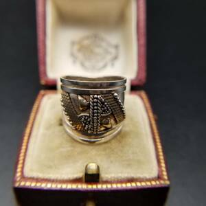 925 シルバー バンドリング 彫金 ドット 米国 ヴィンテージ リング 指輪 銀 アールデコ 昭和レトロ 幅太