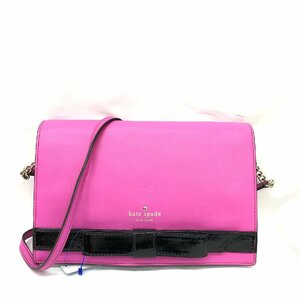 中古 Kate spade ケイトスペード チェーンショルダーバッグ 2WAY クラッチバッグ ピンク ブラック ロゴプリント リボン RH11782M