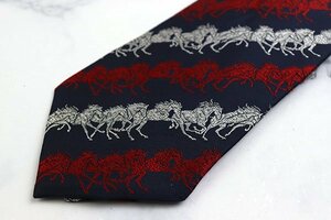 西陣 刺繍 動物柄 馬 ストライプ柄 日本製 メンズ ネクタイ ネイビー レッド 【中古】【美品】