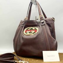 1円《極美品》GUCCI グッチ 2way ニューブリット ダブルG インターロッキング シェリーライン ハンドバッグ ショルダー レザー ブラウン_画像1