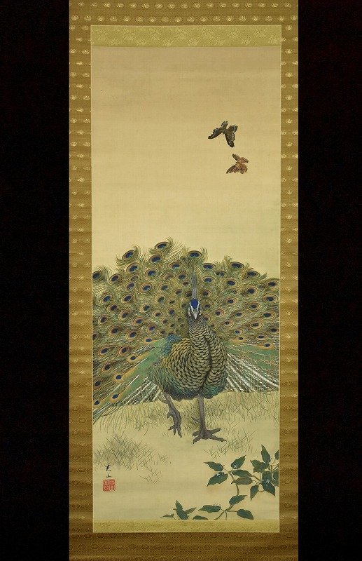 Ryu M429◆Works exhibited at the exhibition Authentic hanging scroll, Ishikawa Prefecture, artist Genzan Kajino, butterflies and peacocks, flowers and birds, silk book, vertical width, same box, painting, Japanese painting, flowers and birds, birds and beasts