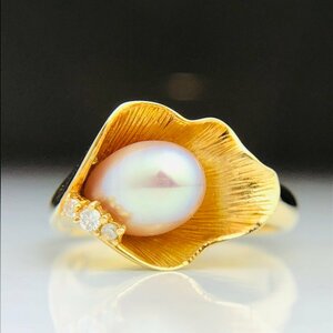 【77】 K18 パール リング メレダイヤ 0.04ct 真珠 独創的 しなやか ＃16 7.5ｇ 最大幅 1.1㎝ 7.1mm玉　 (403)