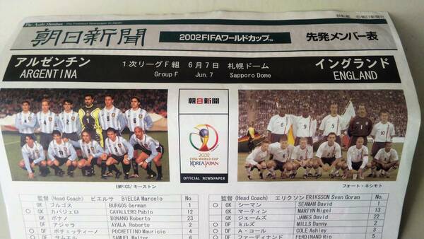 2002年 FIFA ワールドカップ サッカー アルゼンチン VS イングランド 先発メンバー表 札幌ドーム