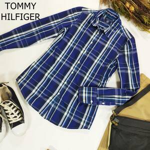TOMMY HILFIGER トミーヒルフィガー 長袖シャツ サイズS ブルー 青 チェック 刺繍ロゴ 胸ロゴ シンプル カラフル 綿100％ 左胸ロゴ 2833
