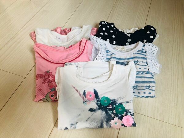 女の子　半袖　5点セット　可愛い　動物柄　子供服　保育園服　トップス Tシャツ　シンプル　ヒラヒラ付