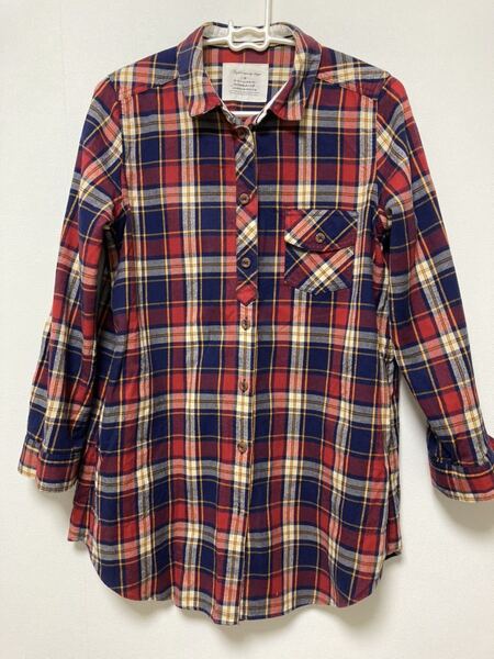 しまむら ロングシャツ チェックシャツ ポケット付 長袖 レッド系 M