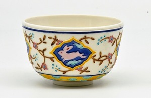 茶道具　抹茶茶碗　交趾、「 兎　（うさぎ）」　ペルシャ紋、　京都　中村翠嵐作、桐共箱　新品。