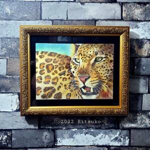 Art hand Auction Original one-of-a-kind Leopard Leopard Framed Ballpoint Pen Drawing Japanese Artist Colored Pencil Drawing 24cm x 29cm Painting Framed Art Interior Good Luck Modern Art, artwork, painting, others