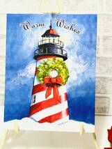 アメリカ購入品　新品　未使用　Warm Wishes　リースの飾られた灯台デザインクリスマスカード　Christmascard　サイズ17.5×13.5㎝_画像1