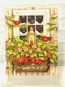 アメリカ購入品　新品　未使用　ランタン＆小鳥デザインクリスマスカード　きらきらラメ装飾　Christmascard　サイズ17.5×13.5㎝