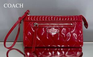 KBN-174【未使用品】COACH コーチ POPPY 長財布 カード お札入れ Cherry 光沢 キルティング ストラップ付き タグ付き ポーチ パスポート