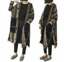 cjx1519* [ autumn winter ] lady's outer long jacket neitib pattern coat wool Touch OLTE (Optical Line Transmission Equipment) gabohemi Anne ethnic 