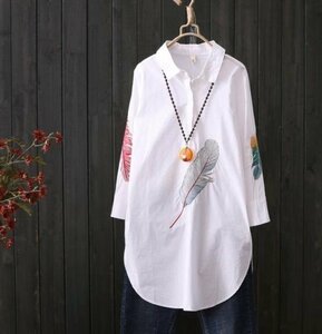 cjx1559★新品レディース　　刺繍入り　スリット　大きいサイズ　コットン　シャツブラウス　シャツチュニック　白