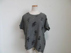 (50844)ベーシックスタイル　半袖　Tシャツ　カットソー　ダメージ加工　グレー×ブラック　USED