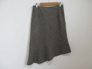 (50956)INED Ined wool . Glenn check skirt asimeto Lee black × brown group 9 USED