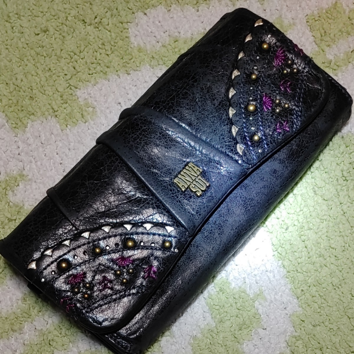 新品 牛革 アナスイ 外口金 長財布 エナメル パープル ルーミー