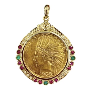 インディアン イーグル金貨 1908年 24.7g アメリカ K18/21.6 ダイヤモンド エメラルド ルビー マルチ イエローゴールド コイントップ