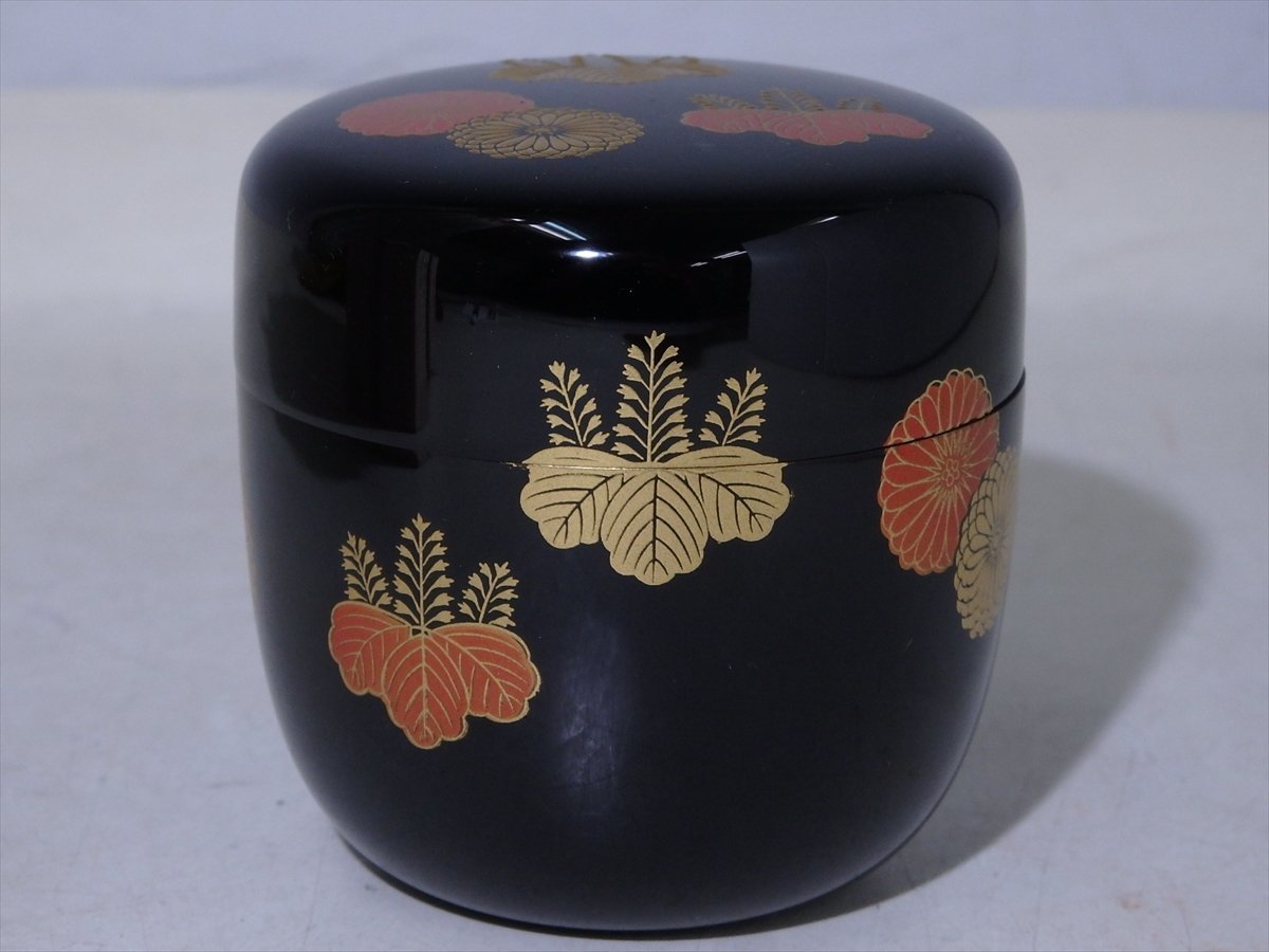 ☆美品!加賀蒔絵師和田寿峰【菊桐蒔絵中棗共箱】木製直径6.6cm 高さ