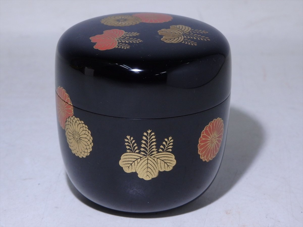 ☆美品!加賀蒔絵師和田寿峰【菊桐蒔絵中棗共箱】木製直径6.6cm 高さ