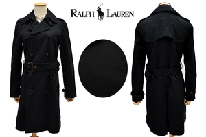 A-3924★美品★RALPH LAUREN ラルフローレン★正規品 ブラック黒色 腰ベルト付き 上質 ロング トレンチコート 9号 M