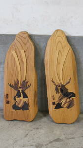 【文明館】岩手県 鹿踊 鹿踊り 飾り板 木板 一対 祭り 郷土 伝統 オブジェ 木工 工芸品 ら71