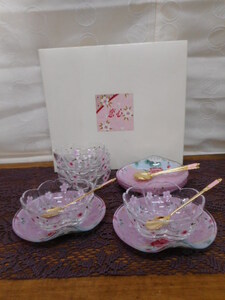  Kawamura glass Sakura desert plate set vessel * plate * spoon each 5 piece Sakura ... pink lovely new goods 