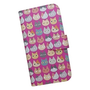 らくらく/かんたん/シンプル　スマホケース 手帳型 プリントケース 猫 動物 パターン画 ねこ ピンク