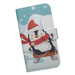らくらくスマートフォン F-52B　スマホケース 手帳型 プリントケース ペンギン 雪 雪遊び そり 冬 クリスマス