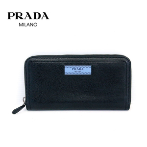 送料無料【PRADA】 プラダ 長財布 ブラック黒×ブルー水色 ラウンドファスナー ジップ ウォレット メンズ レディース 革レザー 紳士