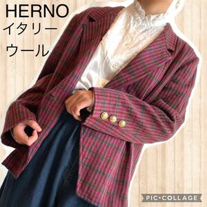 HERNO イタリア製　チェック×金ボタン　ウールmixジャケット　ヘルノ　イタリー　秋　ダブル　紫色　ゆったり　パープル　赤