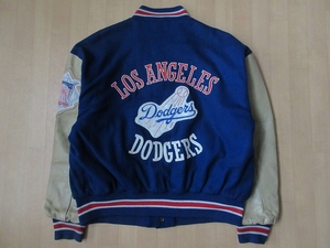 80's 90's ロサンゼルス ドジャース LA レタード ワッペン 袖革 スタジアム ジャケット M Los Angeles Dodgers本革 スタジャンNomo野茂英雄