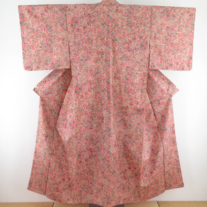 小紋 染紬 裂取文様 正絹 赤茶色 袷 バチ衿 カジュアル 仕立て上がり着物 身丈150cm 美品