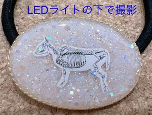 【ヘアゴム】牛　骨格　解剖　標本　プラ版　ラメ　オーロラ　キラキラ　レジン　ハンドメイド　ユニーク　理科　生物 ウシ 動物　牧場