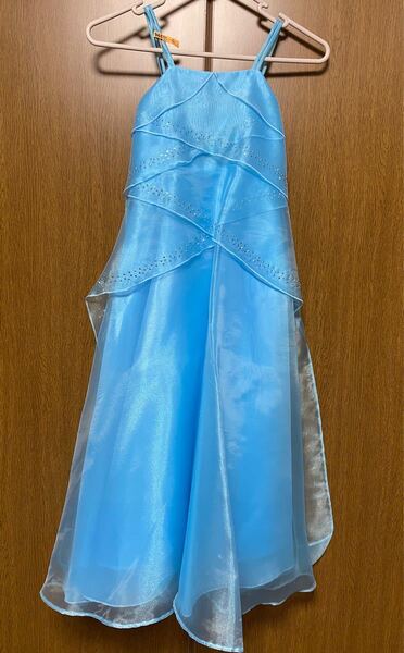 【美品】パーティードレス ピアノ 発表会 結婚式 水色 ビジュー ラインドレス リボン Aライン 子供用